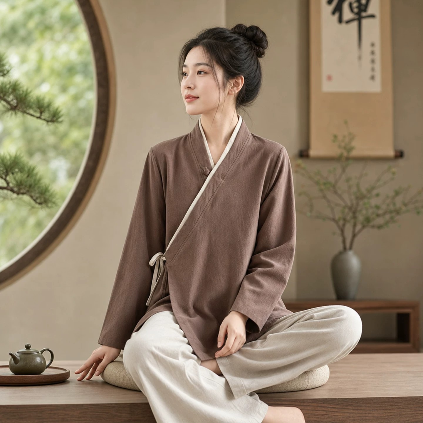 禅服女复古中国风斜襟盘扣系带上衣佛系禅意女装修行居士服素衣女