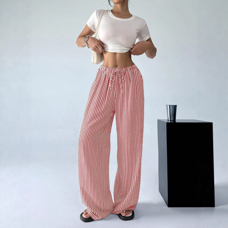 Amazon ebay AliExpress ヨーロッパとアメリカの女性のストライプワイドレッグパンツルーズハイウエスト調節可能な巾着カジュアルパンツ|undefined