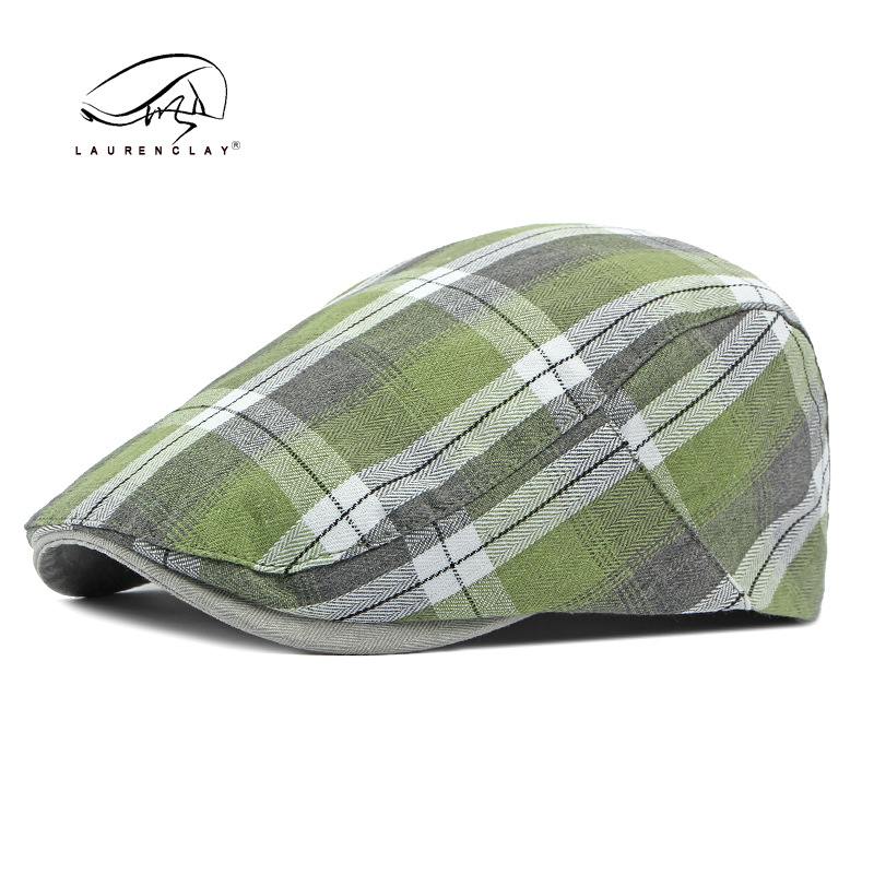 Boina de las mujeres de primavera y verano Delgado transpirable casquillo enarbolado de los hombres artístico retro Plaid sombrero delantero Plaid pintor sombrero