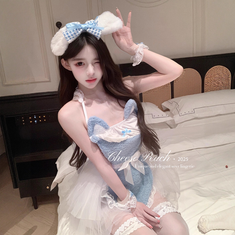 Sexy Lingerie, Sexy Blue Velvet Cute Rabbit* Pure Desire Cute Plush Backless Maid Gauze Skirt Tutu Skirt Sweet Suit