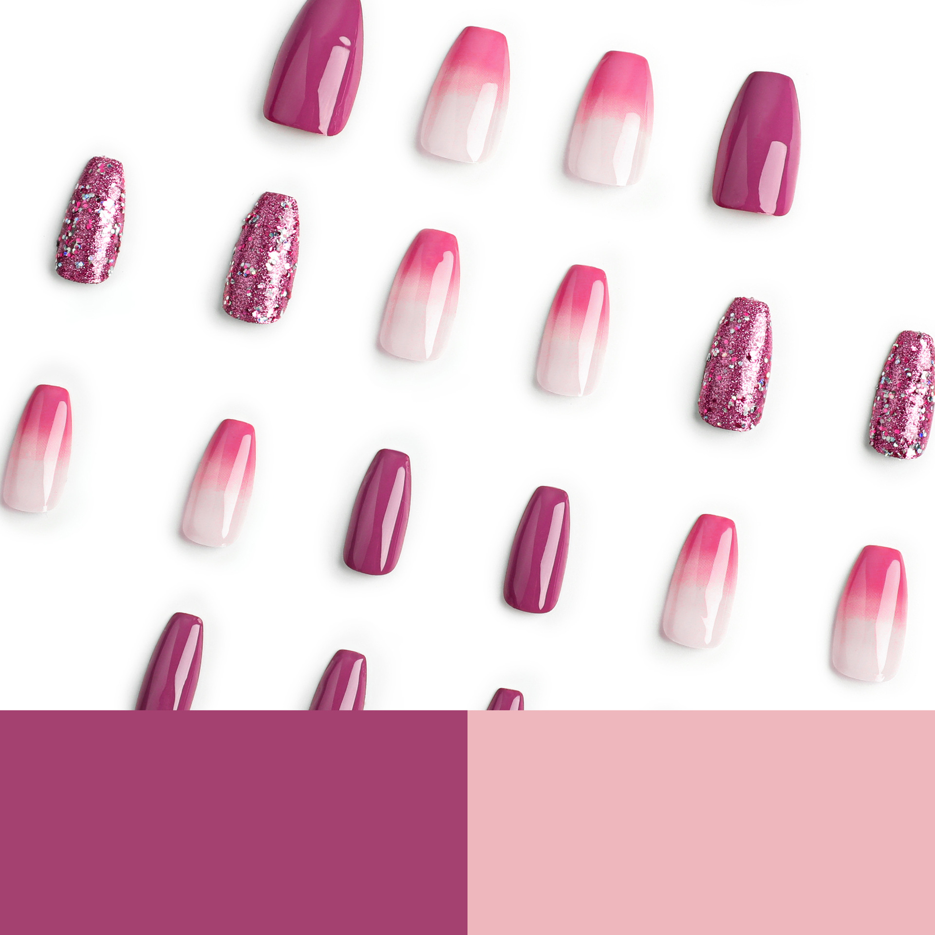 Desgaste de uñas púrpura pieza de uñas al por mayor Rosa degradado púrpura brillo corto pieza de uñas pieza de belleza de uñas acabado de uñas