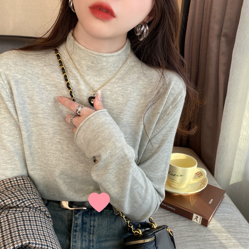 灰色打底衫女2024新款内搭半高领长袖针织衫上衣高级感加绒毛衣