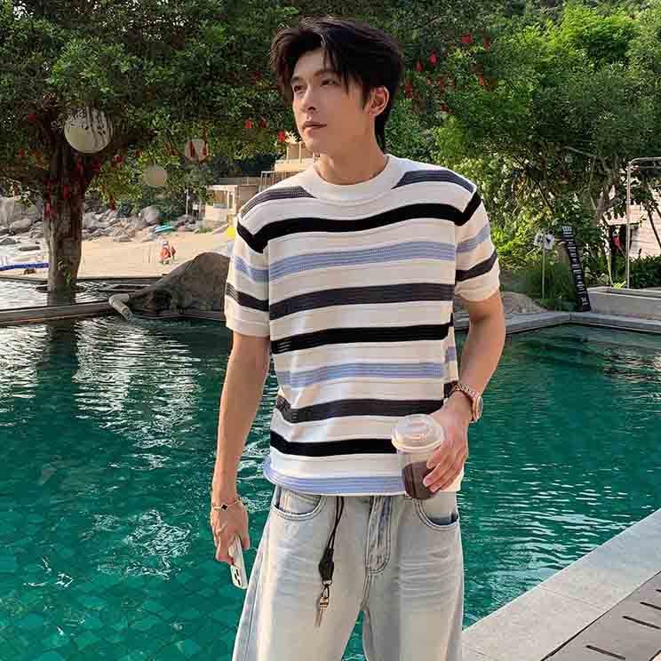 Camiseta de punto de manga corta camiseta de hueso de pescado hombre textural hueco viejo viento de negocios hielo verano fábrica transfronteriza al por mayor