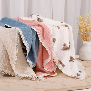 INS children's gauze cloth cover blanket solid color printed double cotton lace baby stroller windshield blanket bath towel bag