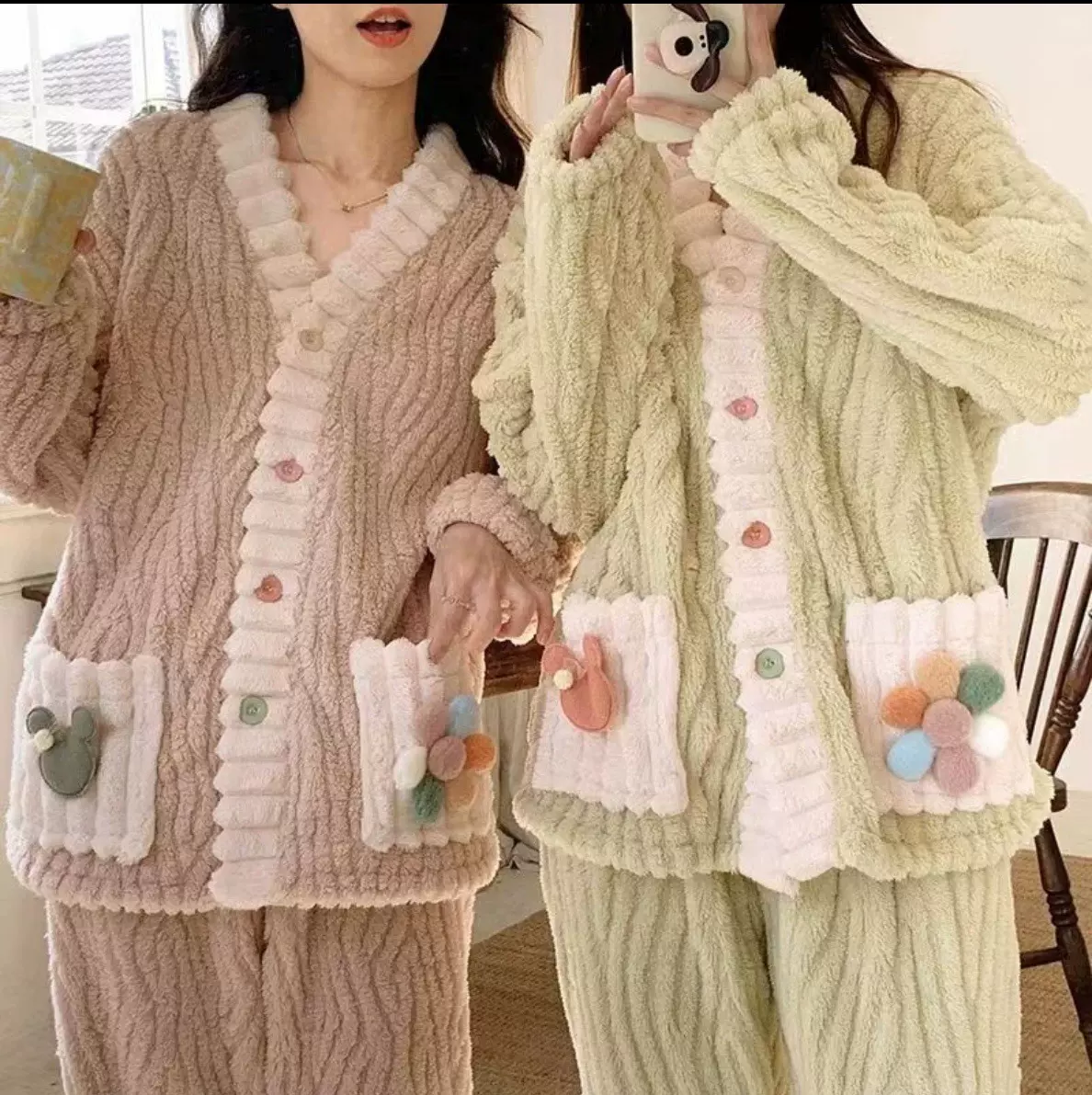 秋冬新品甜美法兰绒睡衣套装加厚保暖韩版清新仙女可外穿家居服Y