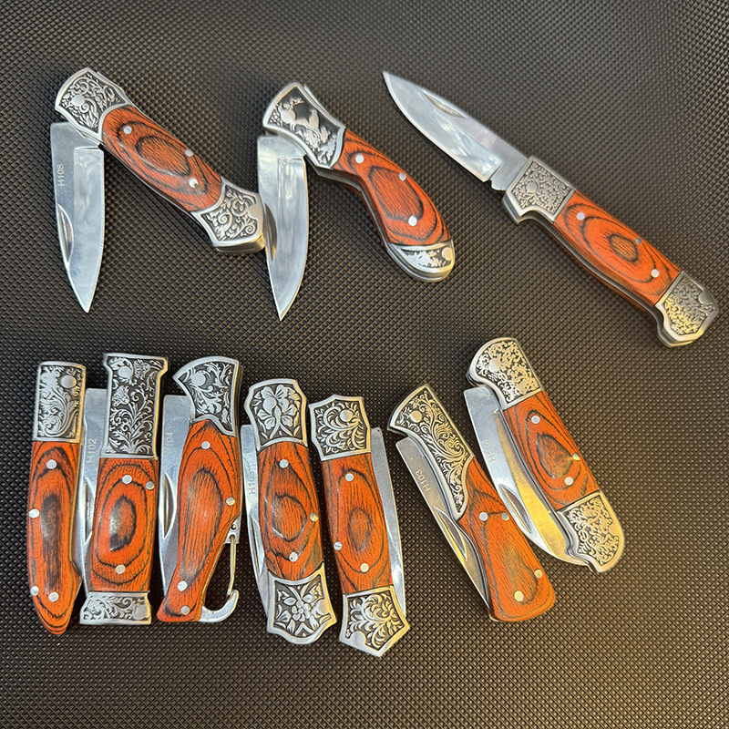 彩木柄户外迷你折叠刀多功能小折刀 野营防身随身战术刀便携小刀