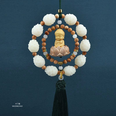 Car hanging – Peach Wood Lotus Car Decoration - double-ring-little-buddha-thuja-green-tassel