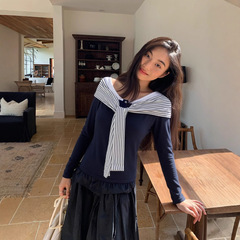 设计感藏蓝条纹绑带一字肩长袖t恤女2025早秋撞色修身显瘦上衣