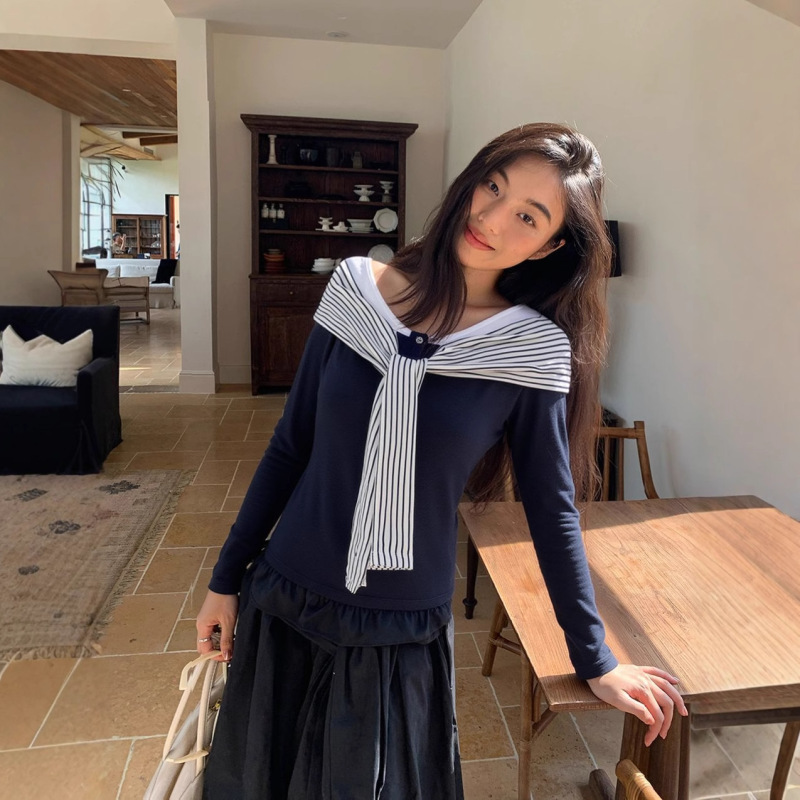 设计感藏蓝条纹绑带一字肩长袖t恤女2025早秋撞色修身显瘦上衣|undefined