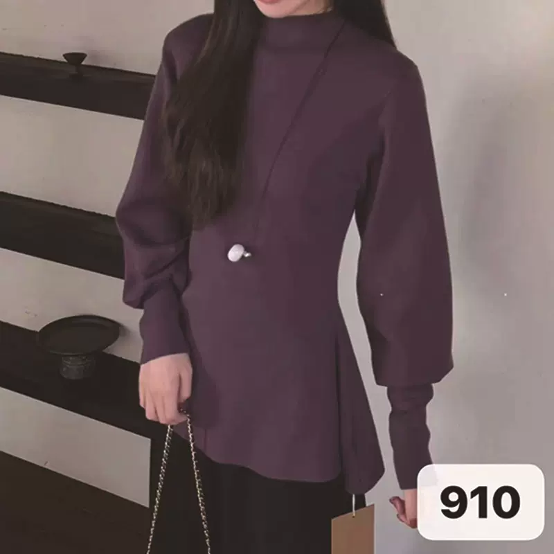 法式半高领灯笼袖毛衣女秋冬独特绝美紫色收腰针织衫慵懒气质上衣