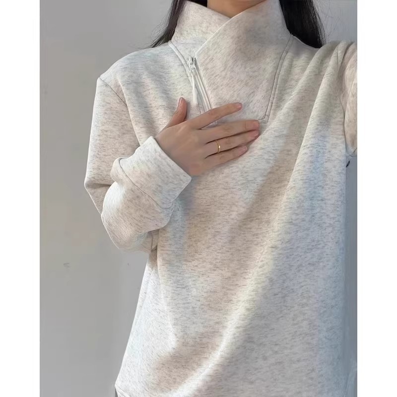 Versatile Diagonal Zipper Sweatshirt With High Neck Long Sleeves_voghion.com