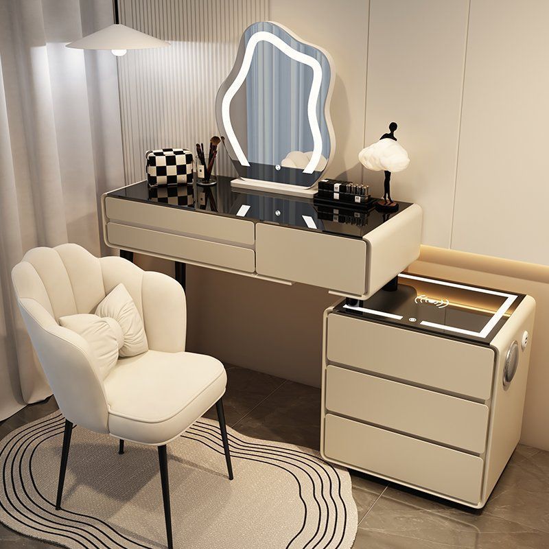 카키 그레이 3단 서랍 스마트 모델 - 올 원목 80 테이블 + 캐비닛 + 구름 거울 + 꽃잎 의자