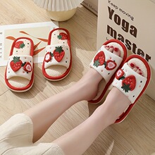 Adorable Strawberry Print Linen Slippers Open Toe������Ь