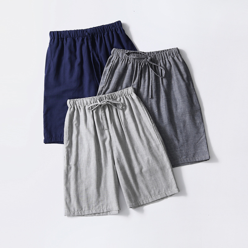 Summer Men's Shorts Cotton Yarn-Dyed Double-Layer Gauze Couple's Mid-Length Pants Cotton Home Pants Sleepwear with Pockets Solid Color Japanese Style
