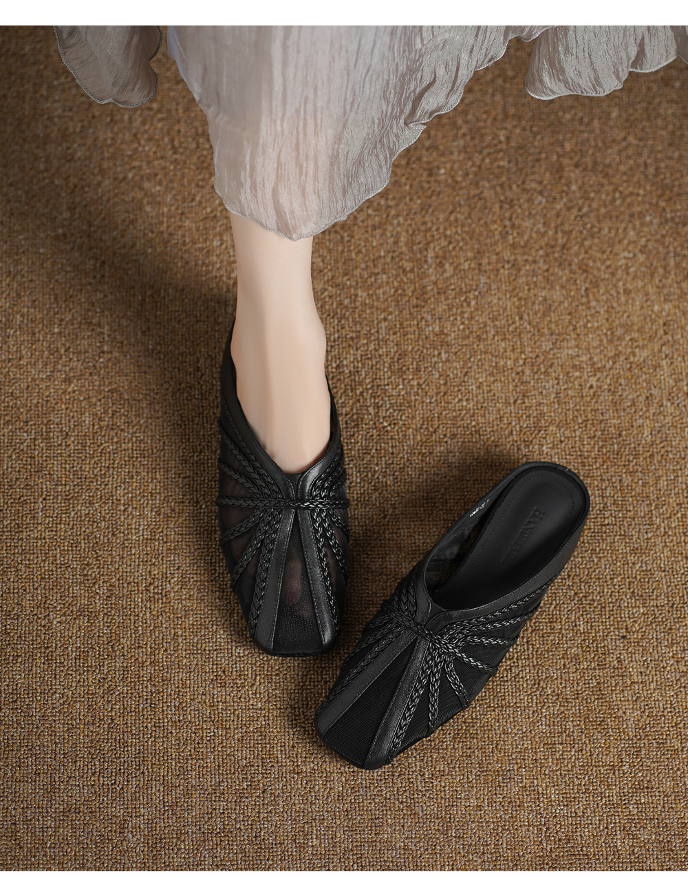 Dép sandal nữ mũi nhọn quai chữ V đế xuồng cao 7 cm, chất liệu lưới ren họa tiết hoa — đen chi tiết 8