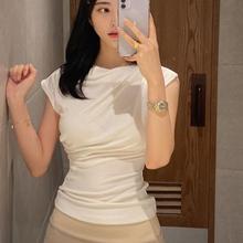 韩国代购正品 QM063性感女人味 简约好搭显身材船领褶皱盖帽T恤se