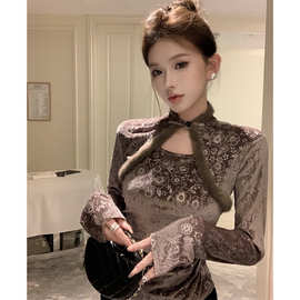 新中式国风提花丝绒衬衫女冬季设计感毛绒拼接盘扣立领小衫上衣服