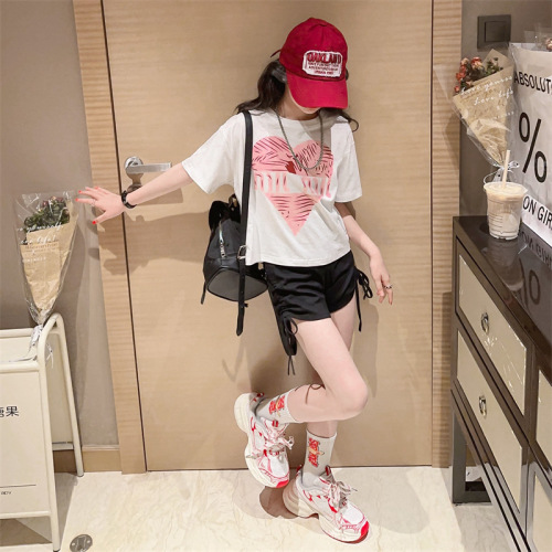 Girls Summer Suit 203 New Casual Girls Middle and Large Children Love Short Sleeve Drawstring Shorts Two-piece Set Children's Clothing 8