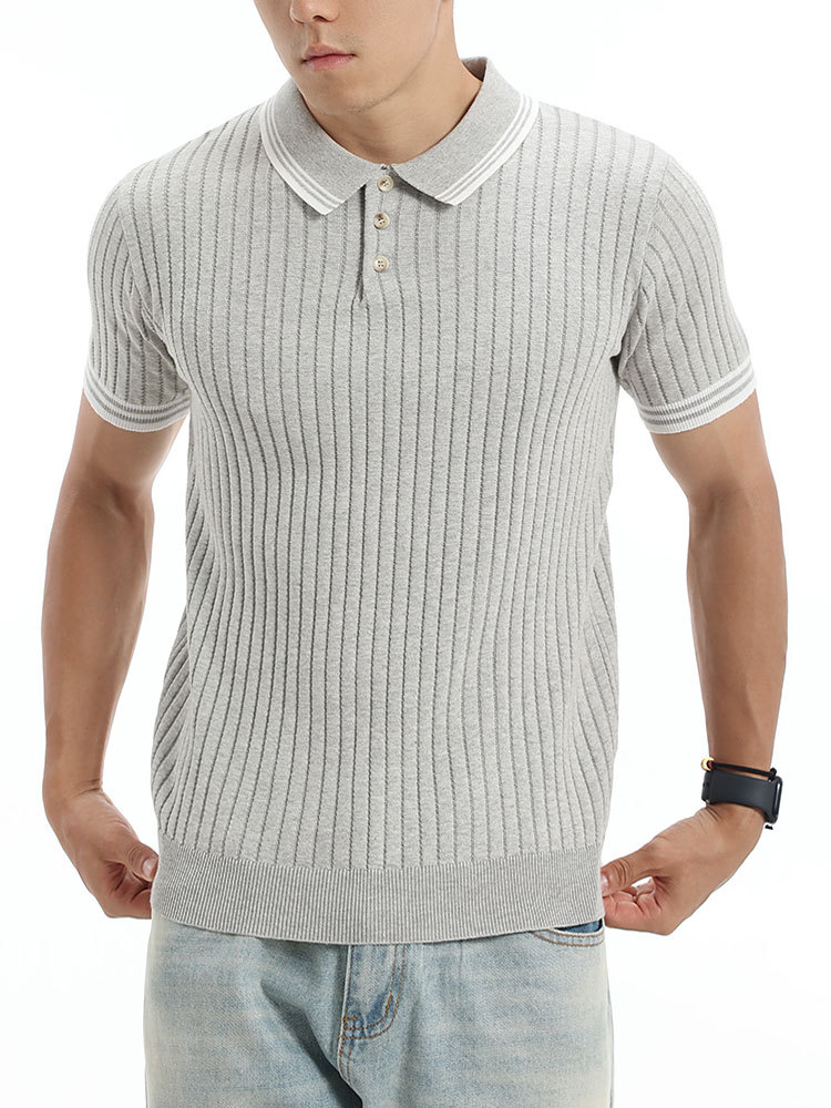 Verano Europa y América transfronterizos hombre collar de contraste vertical rayas de hielo polo camisa transpirable de mangas cortas de negocios ropa casual para hombres