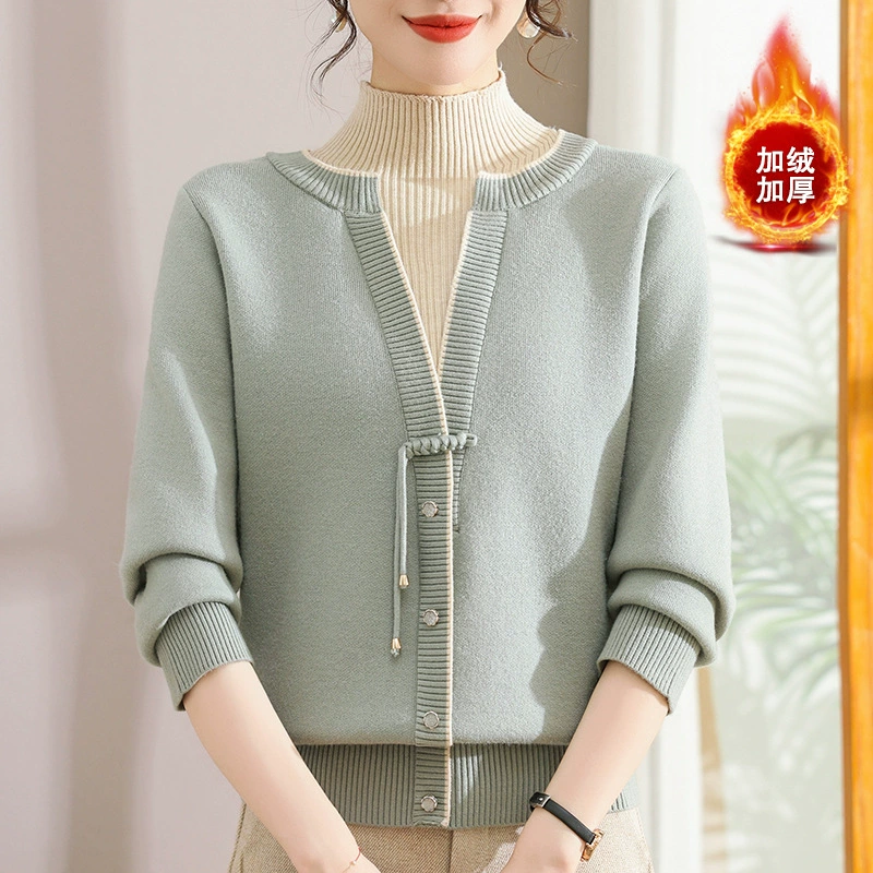 2024 осень и зима новый средний возраст бархатный утолщение теплый длинный рукав кардиган на пуговицах