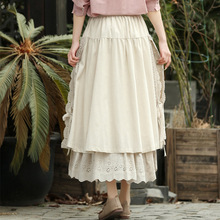 韓版東大門氣質通勤純色刺綉棉麻半身裙2022新款寬松雙層系帶半裙