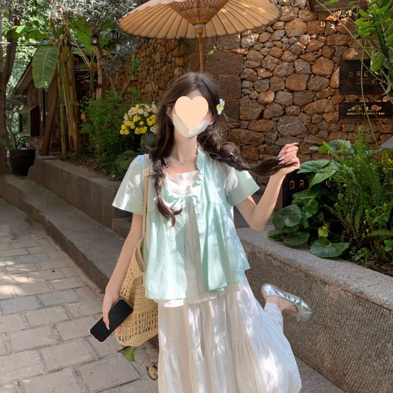 甜美花边拼接木耳边系带假两件短袖衬衫女夏季新款半身裙甜美风|undefined
