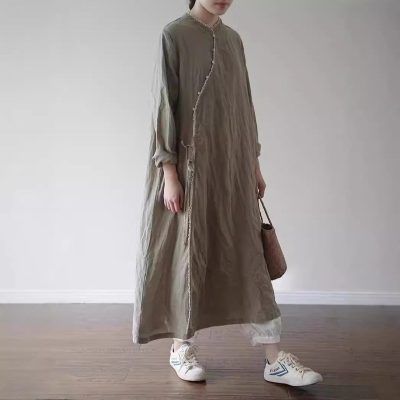 Original National Style Slant Placket Lace Bead Ramie Dress New Chinese Style Improved Cheongsam Elegant Dress L2002