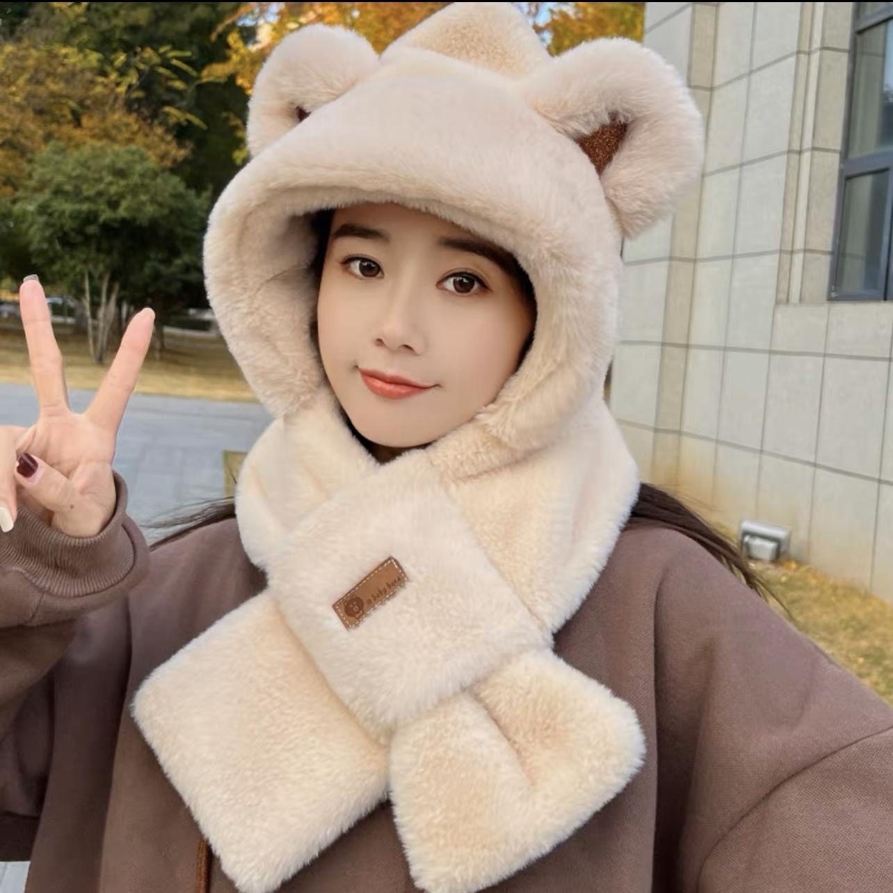 秋冬上新帽子围巾两件套女百搭卡通耳朵小熊口罩保暖套装批发圆顶