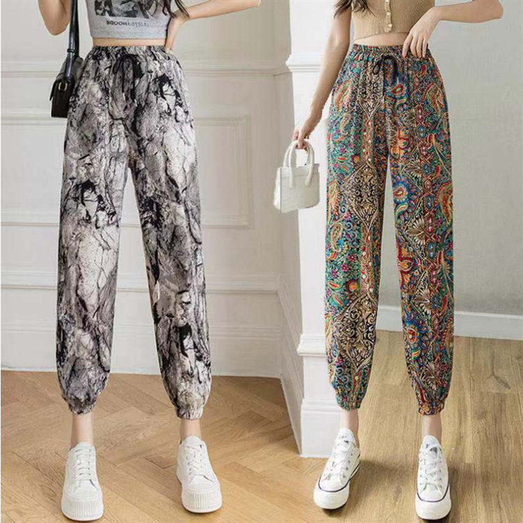 Ink Painting Tie-Dye Leg Anti-mosquito Pants Women's Summer Thin Drawstring Chiffon Harlan Wei Pants High Waist Ice Silk Bloomers