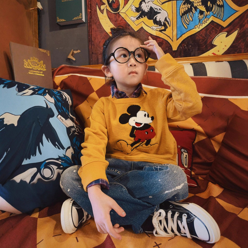 Children's Vintage Dd Japanese-Style Sweatshirt with Towel Embroidery Patches, Long-Sleeve Looped Top