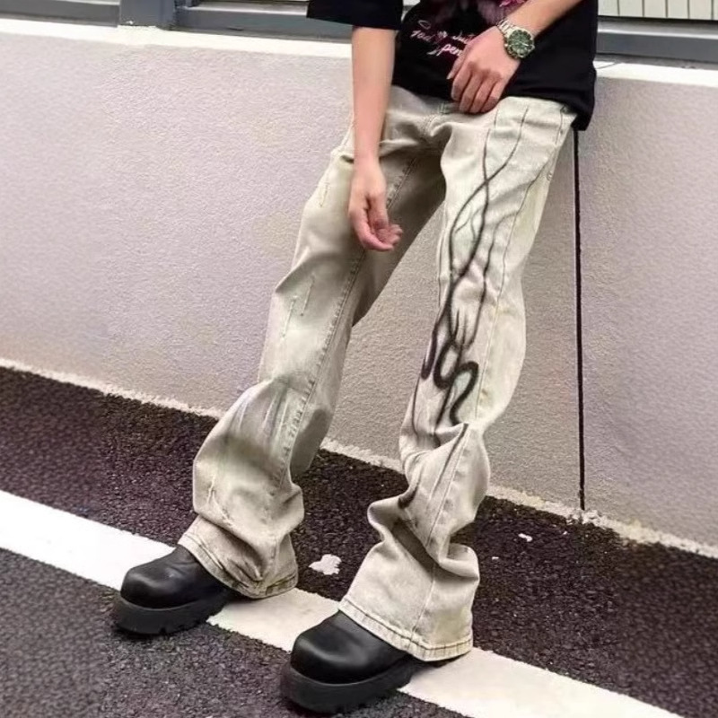 American-style High Street Washed Old Vintage Micro-flared Jeans Men's Flame-afterimage Printed Slim-fit Mop Pants