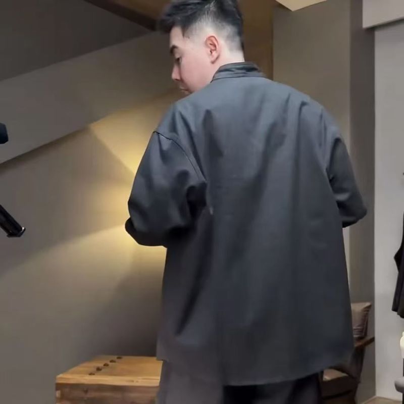 【高品质】时尚百搭潮流轻奢致雅亲肤V领长袖衬衫极简无领道袍套|undefined