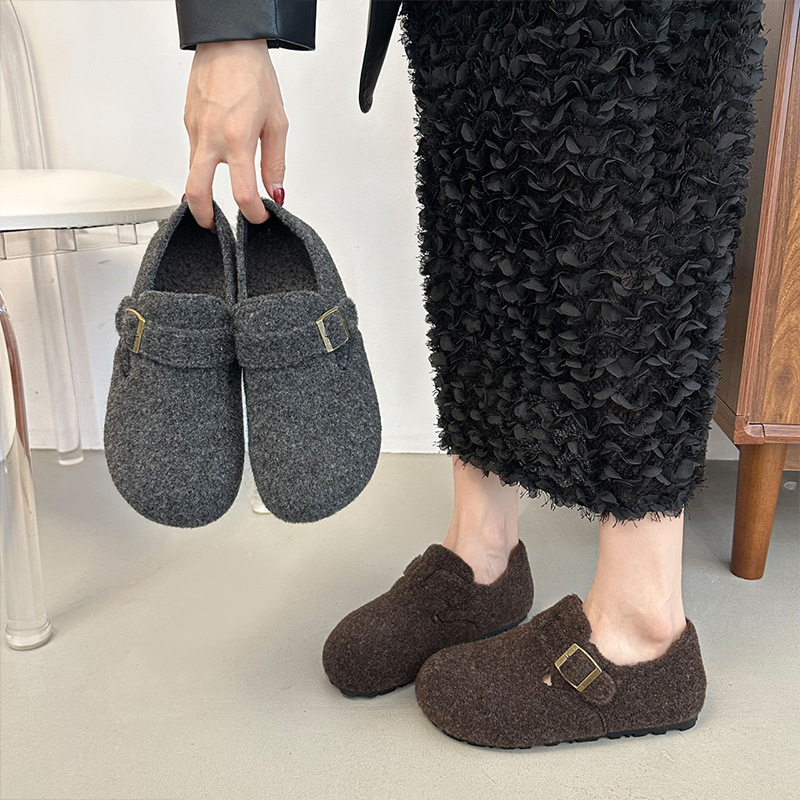 Retro Round-Toe Felted Fleece-Lined Birkenstock Shoes for Women, Slip-On Warm Cotton Loafers for Autumn and Winter 2025
