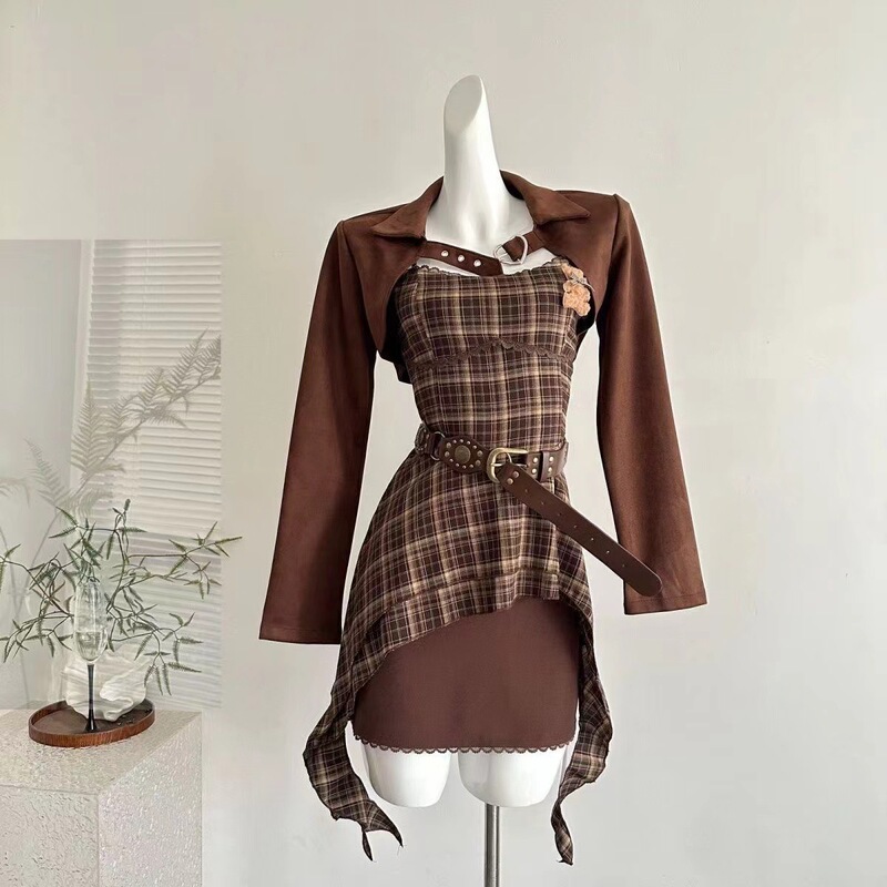 American Hot Girl Retro Plaid Suit Design Slim Long-Sleeved Short Jacket Suspender Dress Two-Piece Set for Women