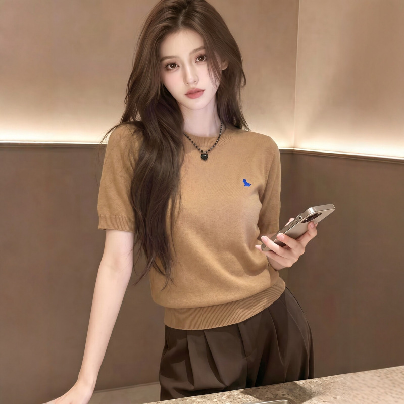 Caramel-colored simple and versatile short-sleeve knit top with pony embroidery for women, 2026 summer new Korean style, extremely stylish top