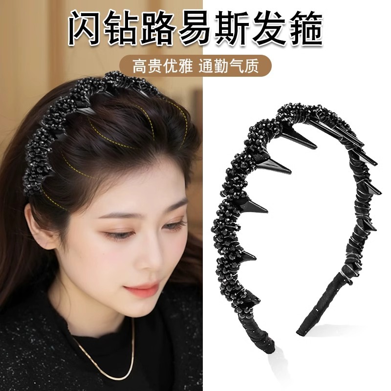 High-end cuentas negras brazalete para mujeres 2025 nuevo lujo ligero de alta presión craneal brazalete dientes antideslizante lavar la cara tarjeta de pelo