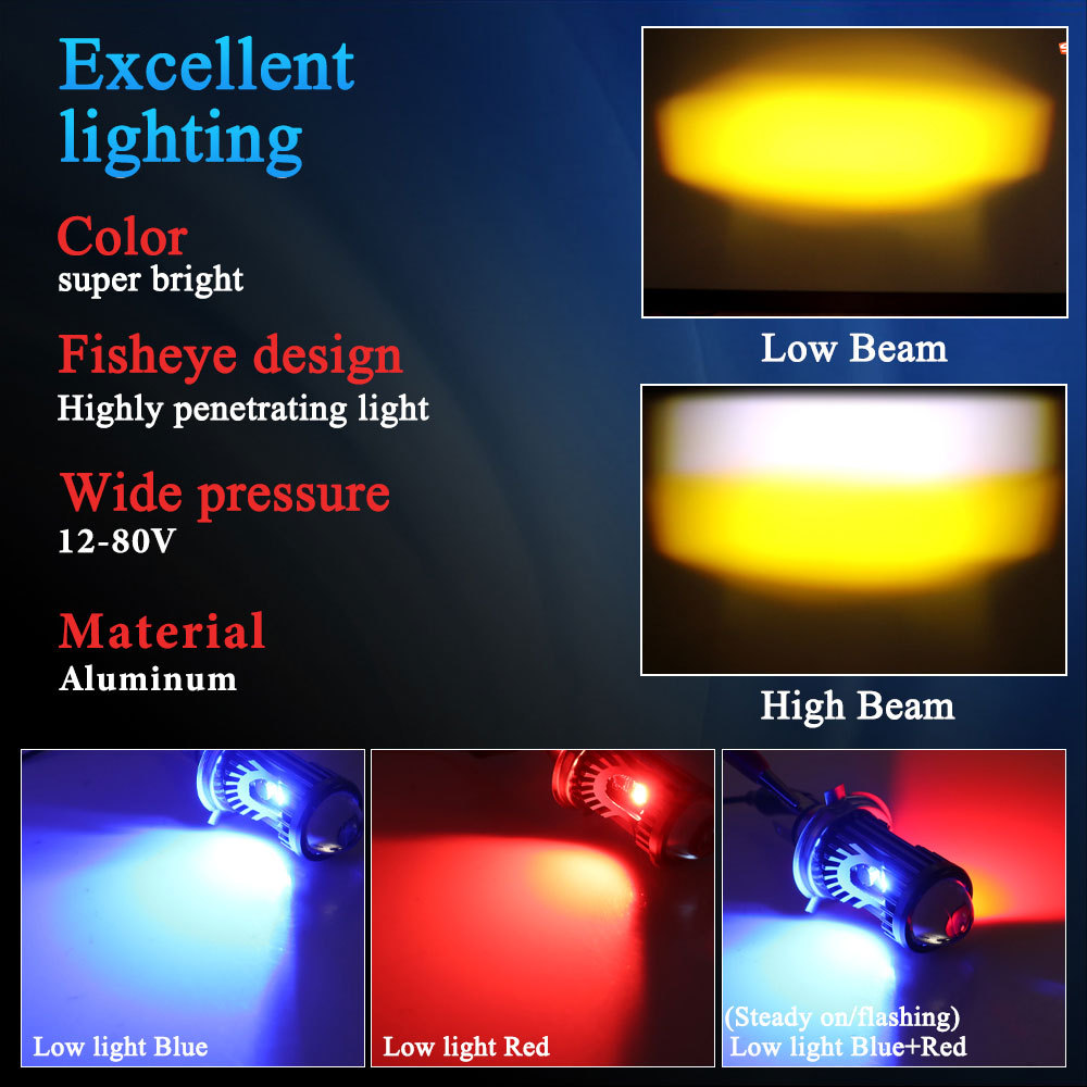Cross-Border Motorcycle Modified Headlight Ba20D H4 P15D White-Yellow High and Low Beam Red-Blue Warning Fisheye Spotlight