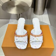 现货细跟牛仔布拖鞋百搭拼色外穿凉鞋一字带露趾印花猫跟细高跟