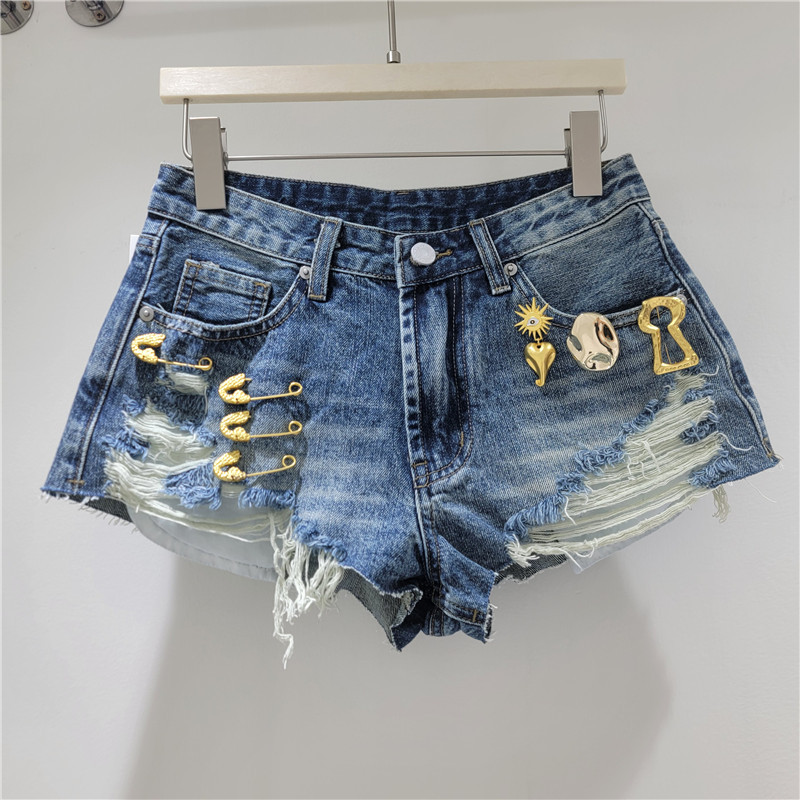 Shorts de Mezclilla de Tiro Alto de Mezclilla de Poliéster con Efecto Desgastado