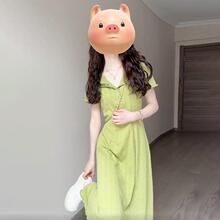 大码胖mm茶歇法式高级感绿色连衣裙子女夏季新款梨形身材收腰长裙