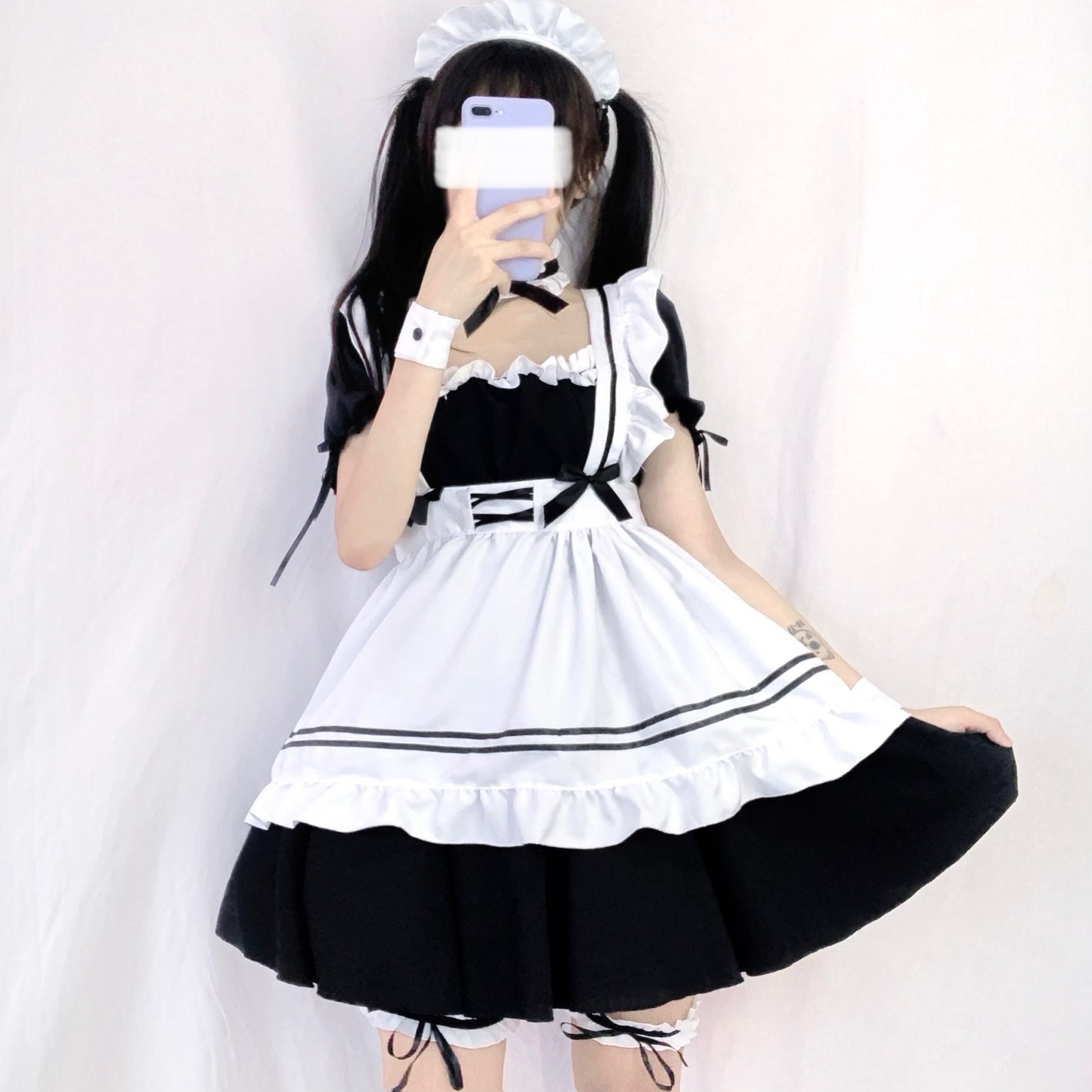 Black apron, bracelet, leg strap, hair accessory