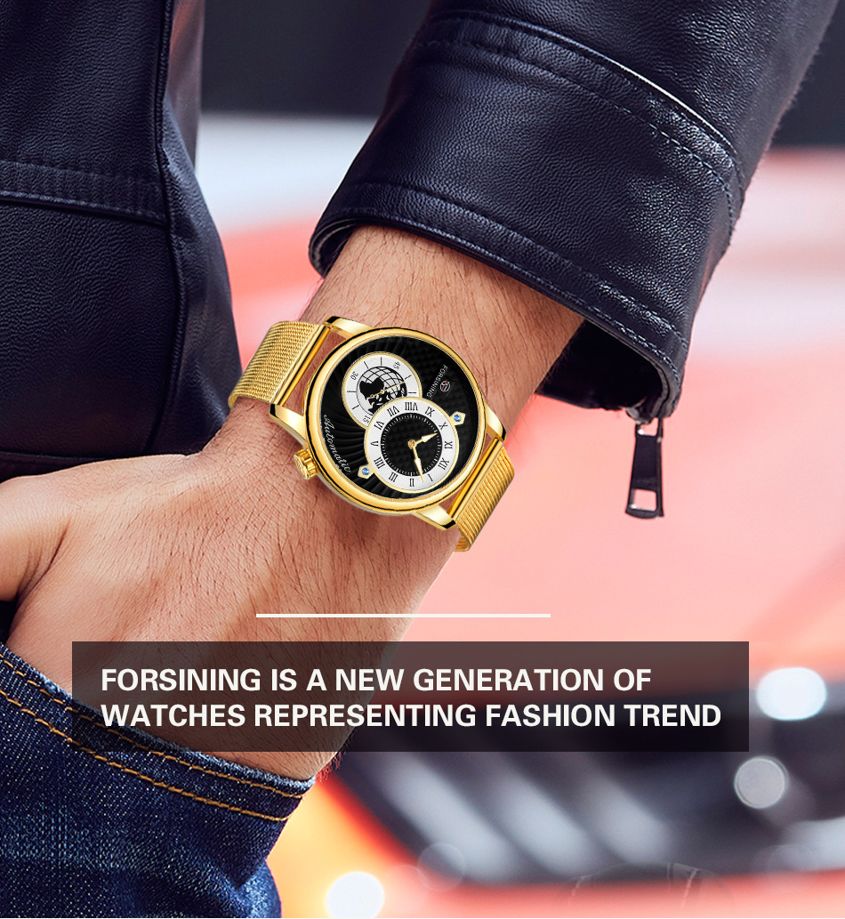 Men's Mechanical Watch With Earth Pattern And Leather Steel Strap_voghion.com
