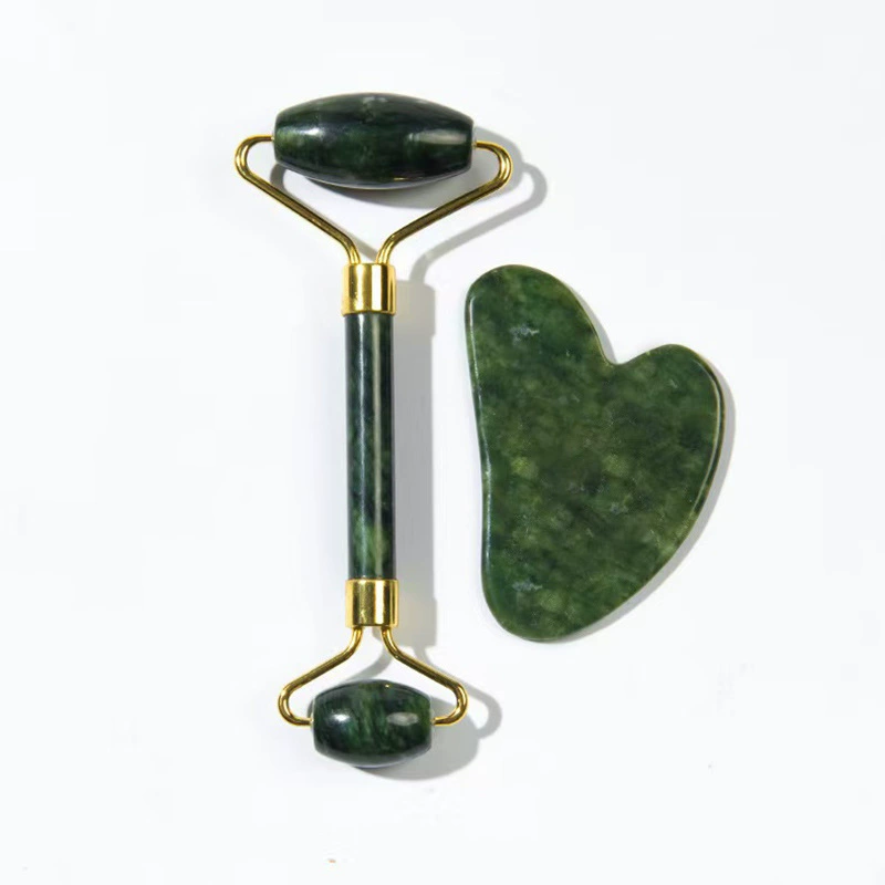 Jade face massager set, double‑head rolling roller and gua sha scraper, cosmetic kit