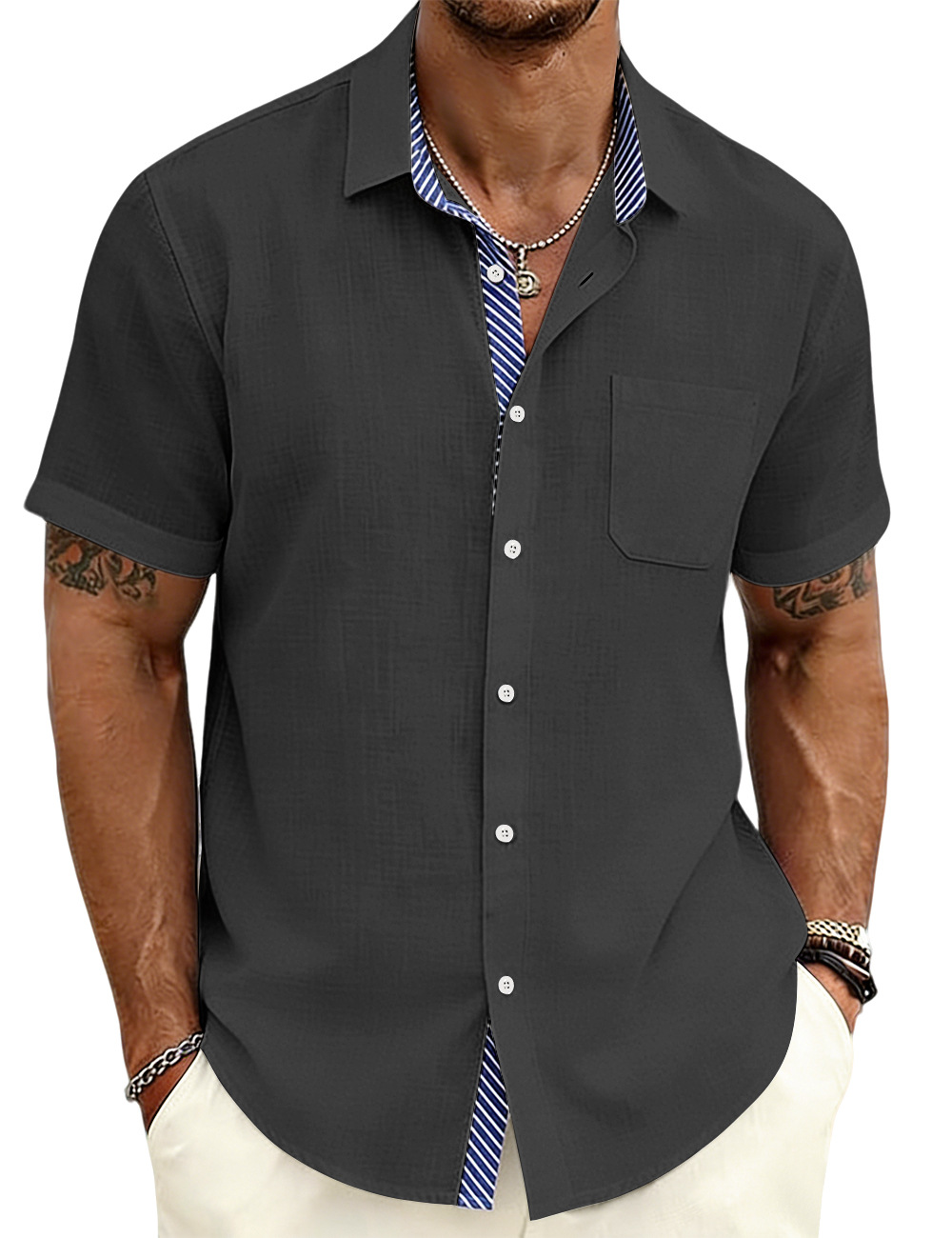 Verano europeo y americano nuevo hombre revestimiento a rayas de manga corta camisa de comercio exterior exterior casual europea americana