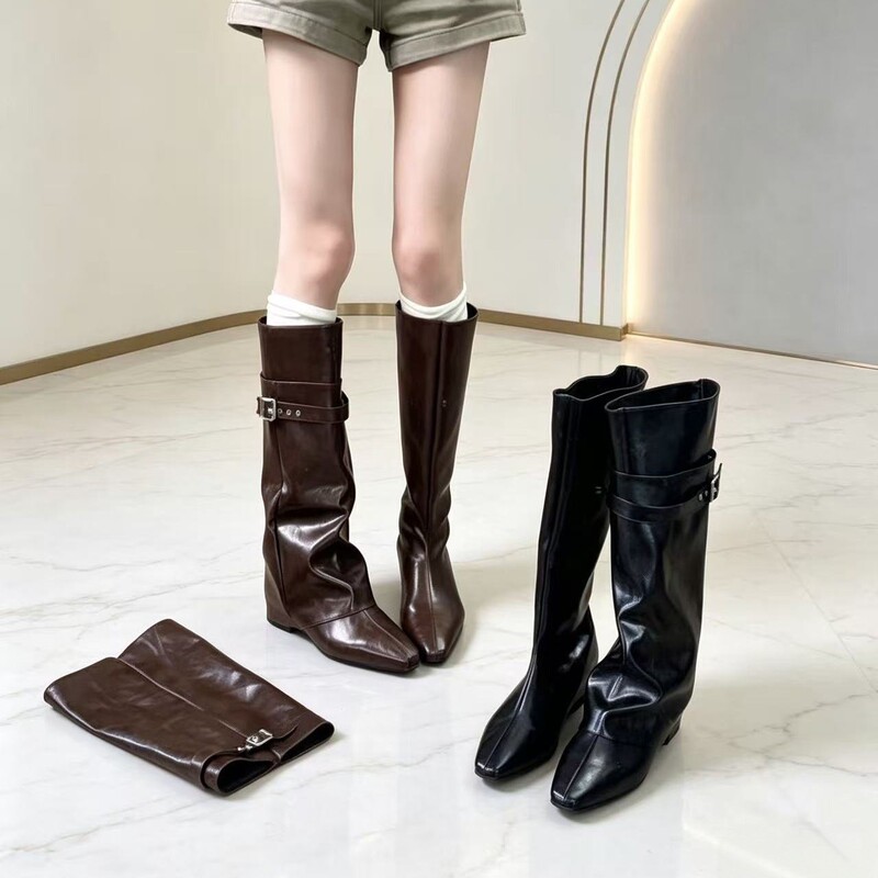5cm inner height increase, simple square toe, detachable two-way wear, retro style, new fashion, elegant, slimming long boots 5cm inner height increase, simple square toe, detachable two-way wear, retro style, new fashion, elegant, slimming long boots