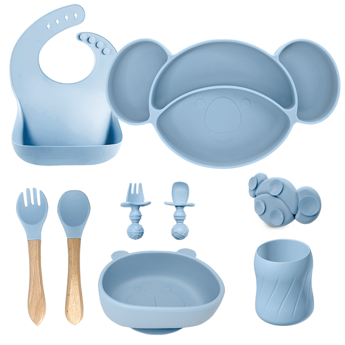 灰蓝色-树袋熊+围兜+熊猫碗+短叉勺+木叉勺+小蛮腰杯
