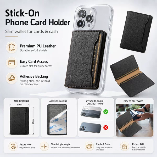Deniorpu Imitation Leather Lychee Pattern Back-Adhesive Phone Card Holder with Three Card Slots, Adhesive Wallet Compatible with Apple and Samsung