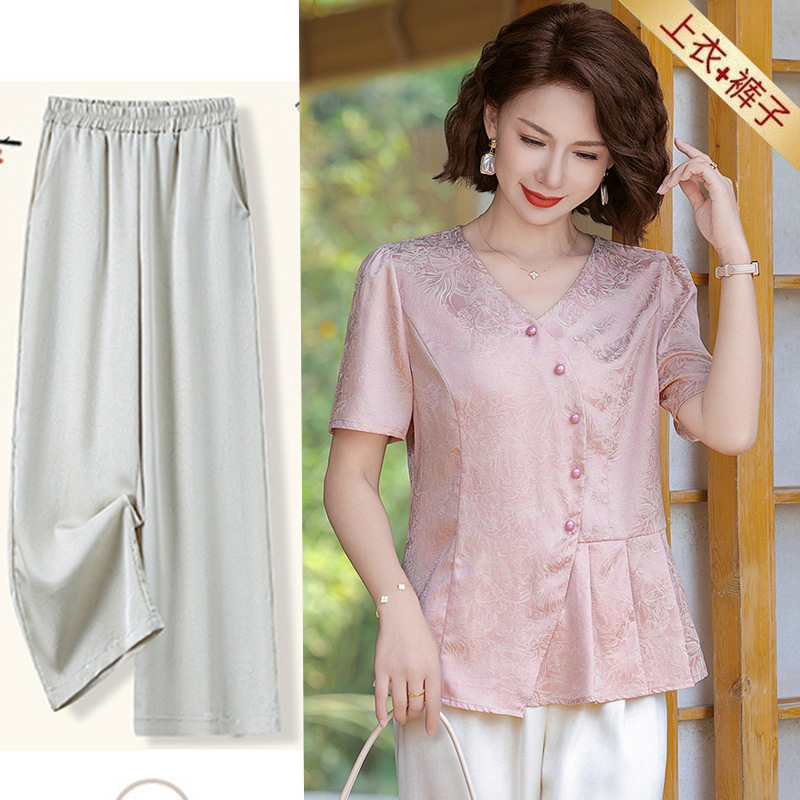 Mother's Summer Jacquard Satin Short-sleeved suit 50-year-old Middle-aged Mother's Chinese Foreign Style Shirt Entity Wholesale