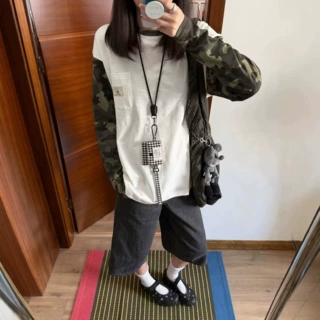 美式复古迷彩拼接撞色长袖T恤女春秋宽松版型肌理感透气情侣上衣