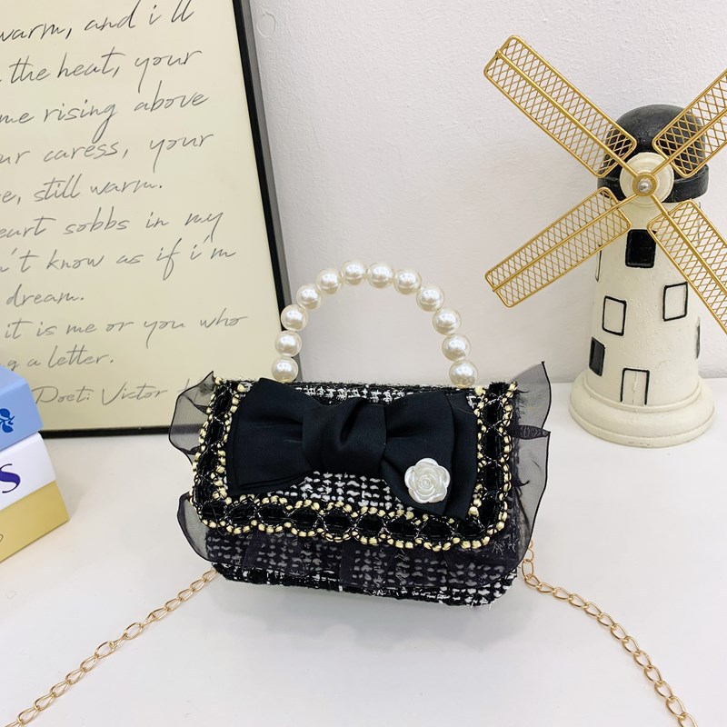 Nueva cadena bolso de mochila para niños negro y blanco tweed pequeño viento fragante bolso de hombro de niñas lindos bolsos de perlas